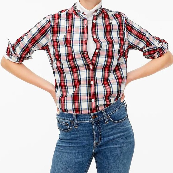 J. Crew Tops - J Crew Tartan Plaid button up ruffled collar top Size XS